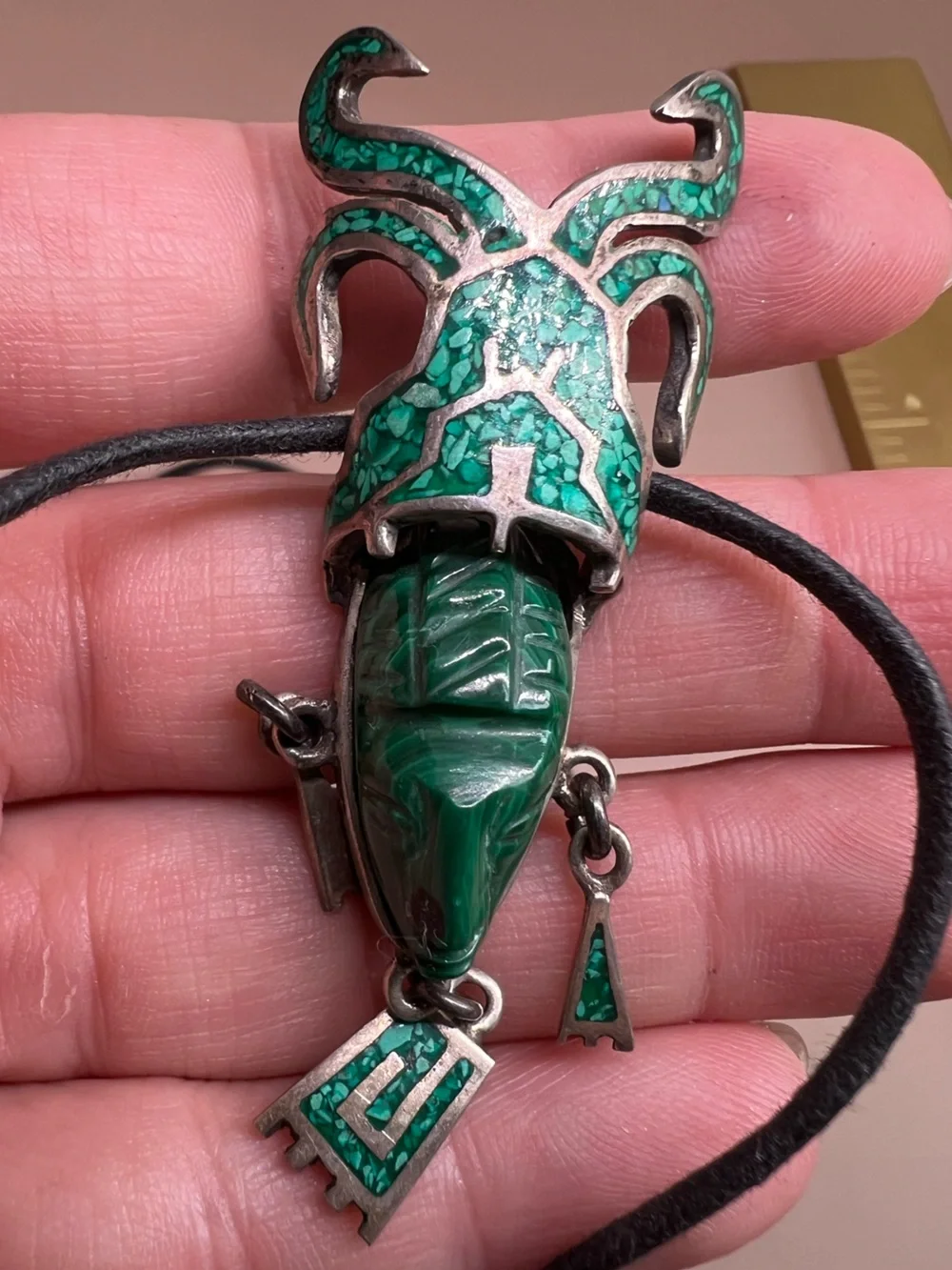VINTAGE TAXCO MEXICO LARGE MALACHITE MASK PENDANT 925 STERLING STATEMENT